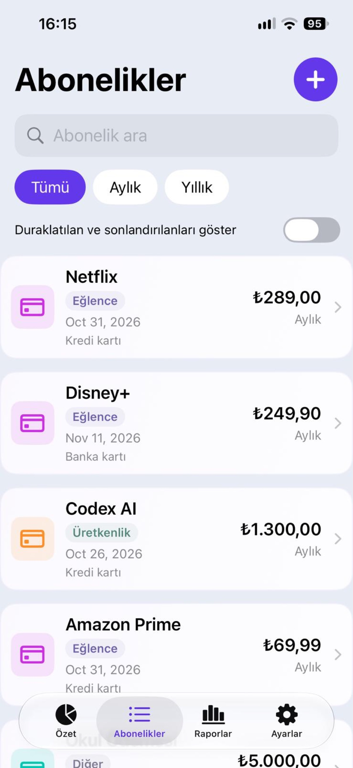 Abonelikler ekranı